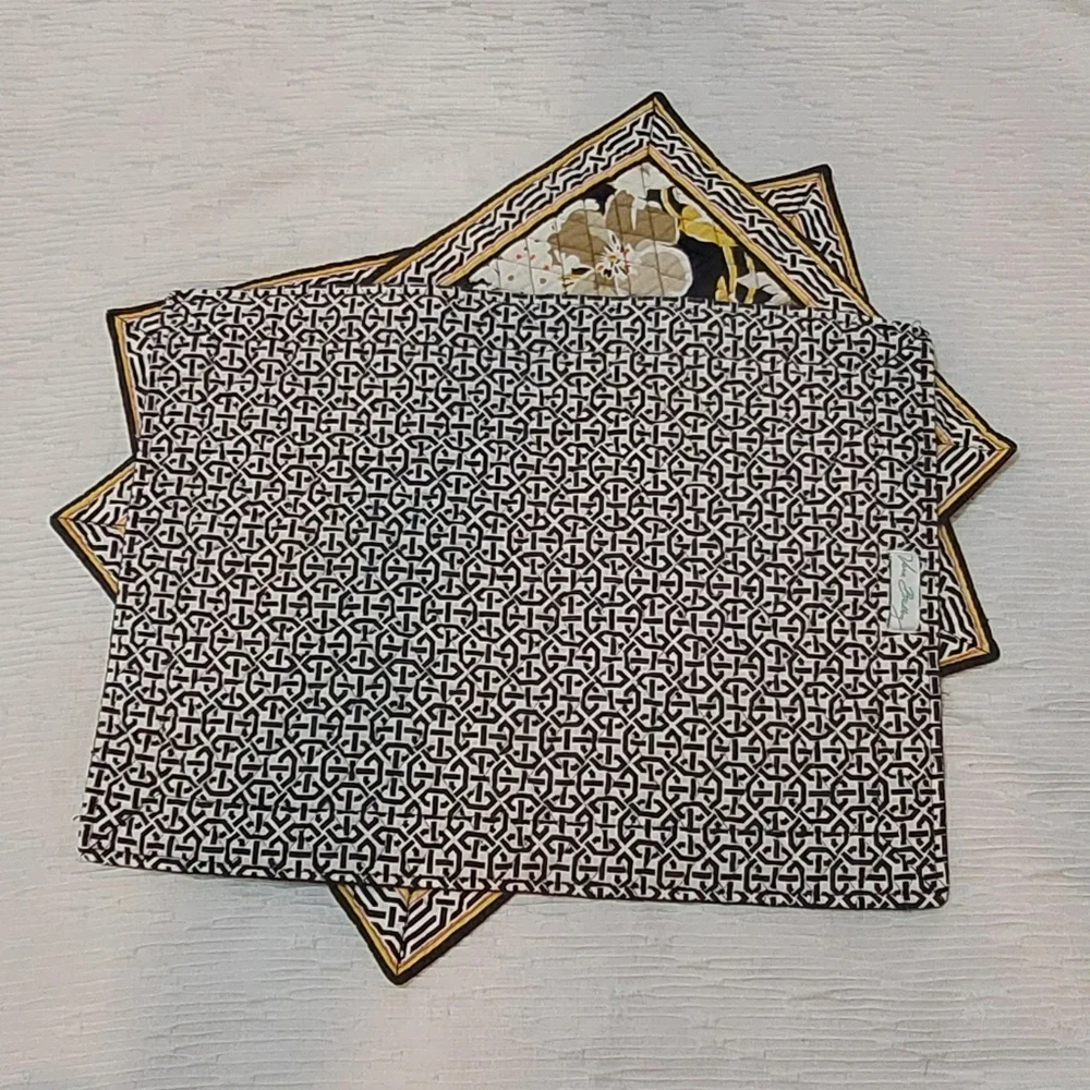Vera Bradley Floral Quilted Placemats in Black, Yellow, & Cream Set Of 4